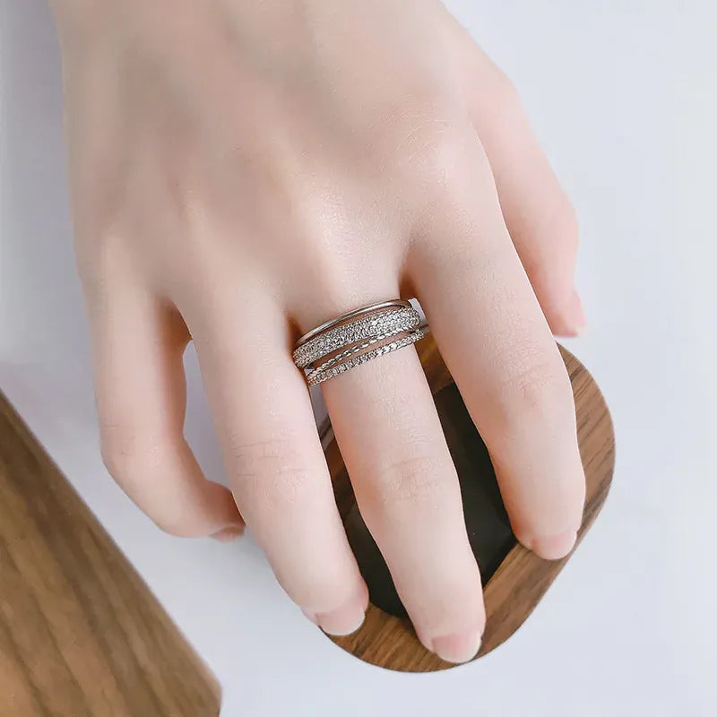 KissICON Super Flash New Diamond-Encrusted Cross Ring Round High-Quality Double Hollow Silver Jewelry For Men And Women
