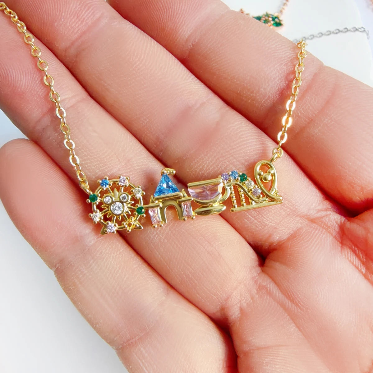 18K Gold Plated Colored Zircon Inlaid Amusement Park Pendant Necklace Cute Sweet Design Versatile Fashion Jewelry Girl 's Gift
