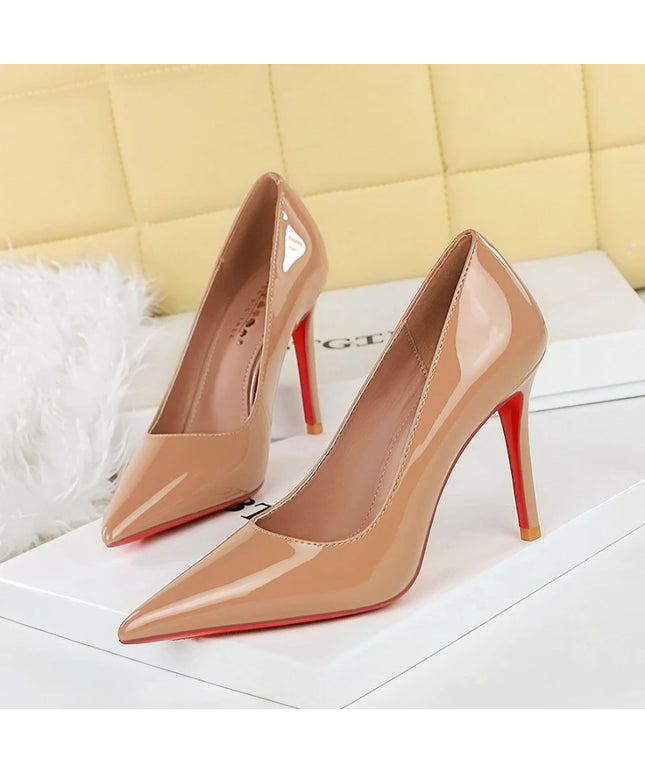 Fashionable Simple Slim Heels High Heels Glossy Patent