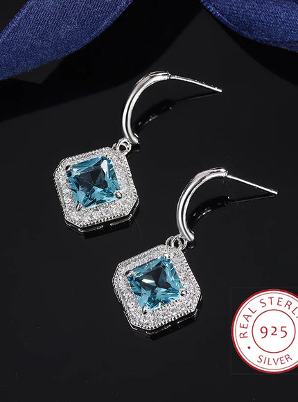 High Quality 925 Silver Plated Earrings for Womes Children Exquisite Square Geometric Jewelry Brilliant Blue Zircon Earring