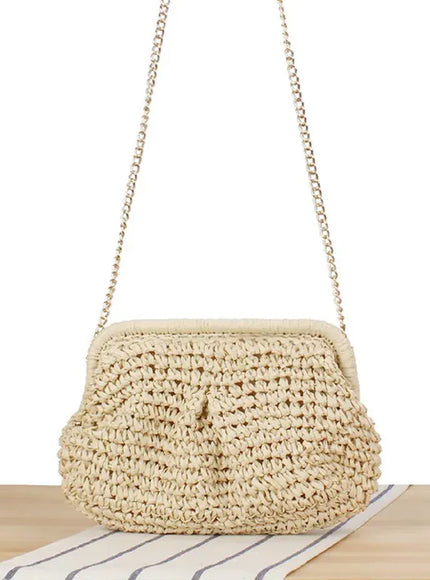 Beach Vacation Straw Metal Chain Crossbody –