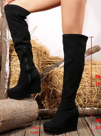 Vintage Black Faux Suede Wedges Boots Women Sexy