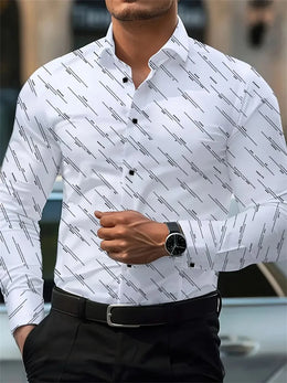 Men's Shirt Fashion Geometric Line Print Long Sleeve Shirt Business Office Casual Slim Versatile Daily Outdoor Commuting Top