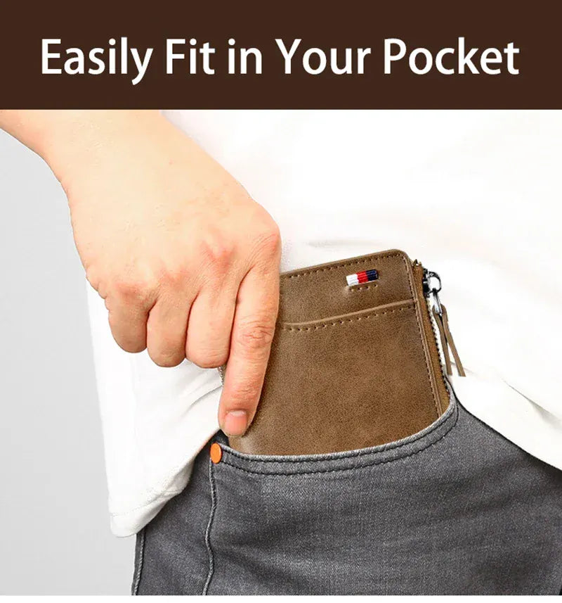 Mens RFID Protected Leather Wallet - Luxury Zippered Card Holder Purse for Business Cards with Elegant Carteira Masculina Style
