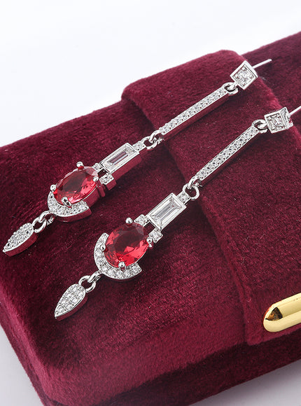 Baguette Oval Ruby Tassel Stud Earrings - Full Diamond Glow