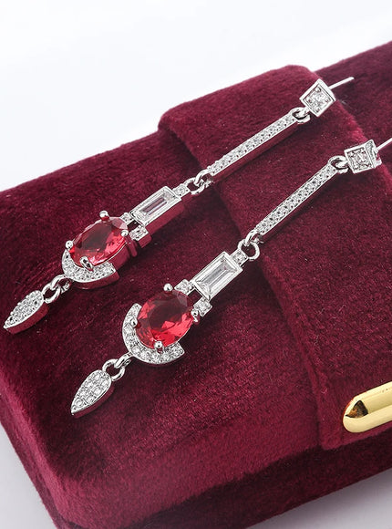 Baguette Oval Ruby Tassel Stud Earrings - Full Diamond Glow
