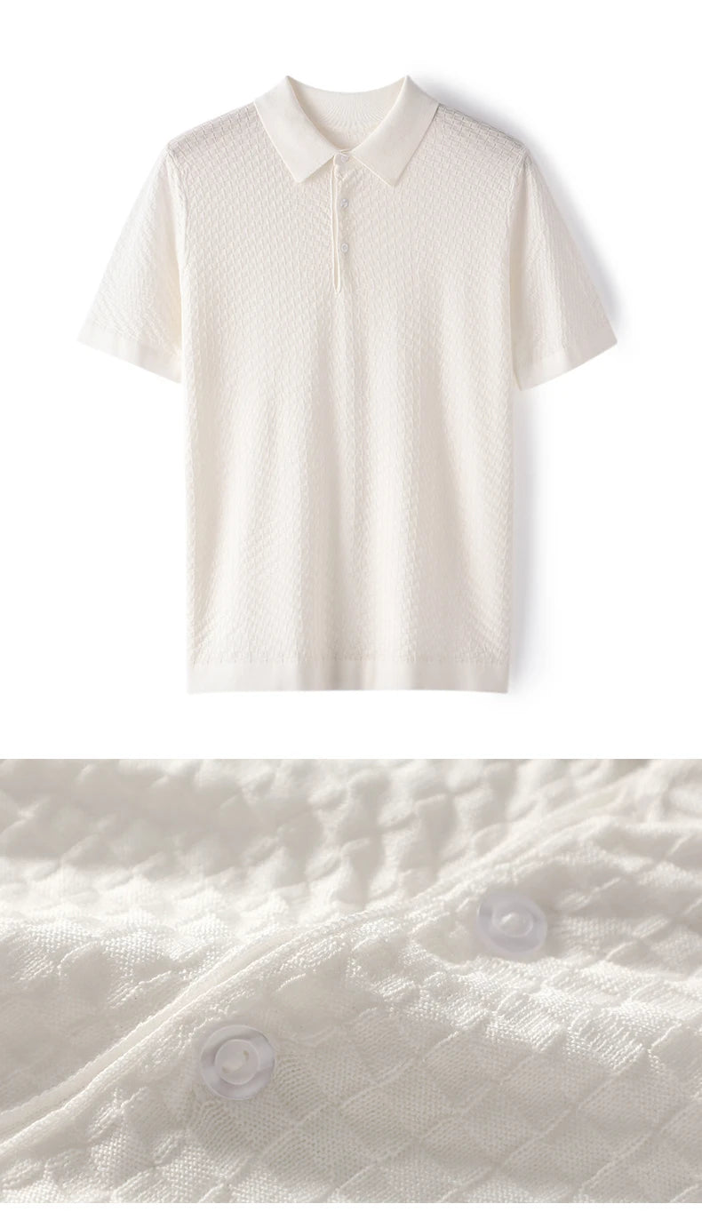 Business High-End Quality Men's Silk Pullover Short Sleeved POLO Neck Solid Color Breathable T-Shirt Knit Bottom Top 2023 Summer