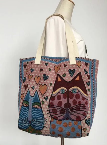 Cute Cat Pattern Wide Horizontal Canvas Tote