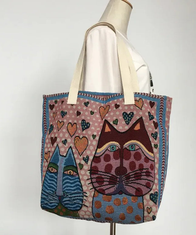 Cute Cat Pattern Wide Horizontal Canvas Tote