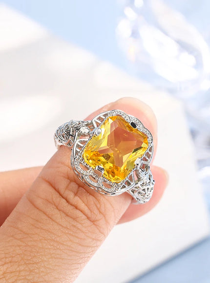 Ladies 925 Silver Plated High-grade Moissanite Citrine Hollow Wedding Engagement Ring High-end Jewelry Luxury Ladies Ring