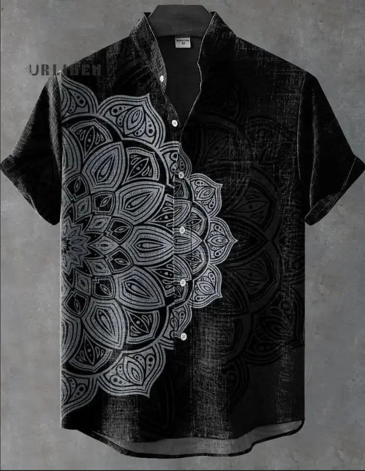 Summer Men's Printed Short Sleeve Shirt Vintage Linen Shirt Men's Festival Casual Short Sleeve Top Street Trend Fast Delivery