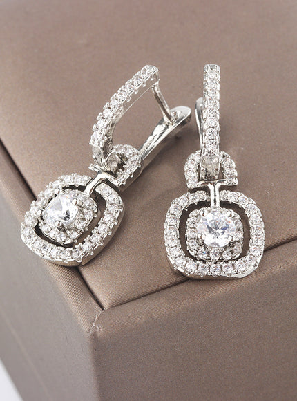 Kiss Icon Silver Square Drop Earrings - Elegant Zircon Shine