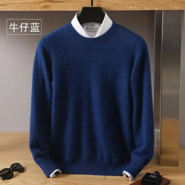 Autumn Winter New Men's Sweater Round Neck Loose Pullover Knitted Sweater Casual Solid Color Thickened 100% Mink Cashmeresweater