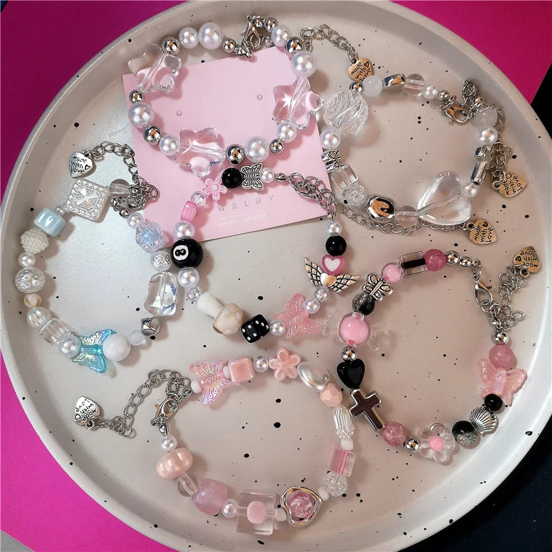 Y2K Cute Butterfly Cross Flower 8 Ball Mushroom Beaded Bracelet For Girl Kawaii Halloween Anime Grunge Aesthetics Accessories