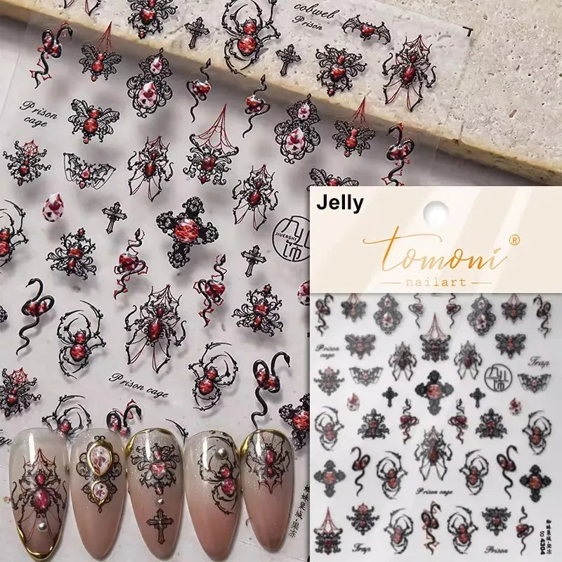 Shiny Silver Spider Web Insect Butterfly Dark Black Rose Flowers Ladybug Cicada Horrible Halloween Y2K Nail Art Stickers Decals