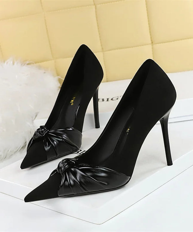 Suede Women Pumps Shallow Mouth Pointed Toe Bow