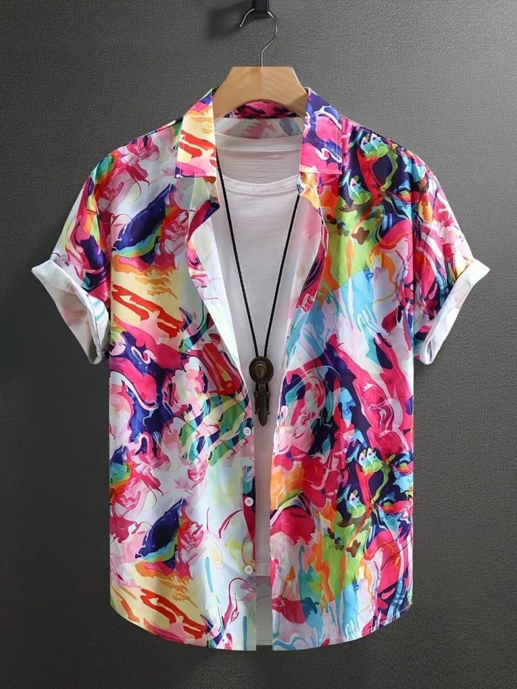 Men's Summer Casual Shirt Vibrant 3D Print Graffiti Art Short Sleeves Lapel Button-Up Top Stylish Streetwear Colorful Shirt Man