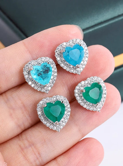 💋 Exquisite 925 Silver Peach Heart Studs - Green Zircon