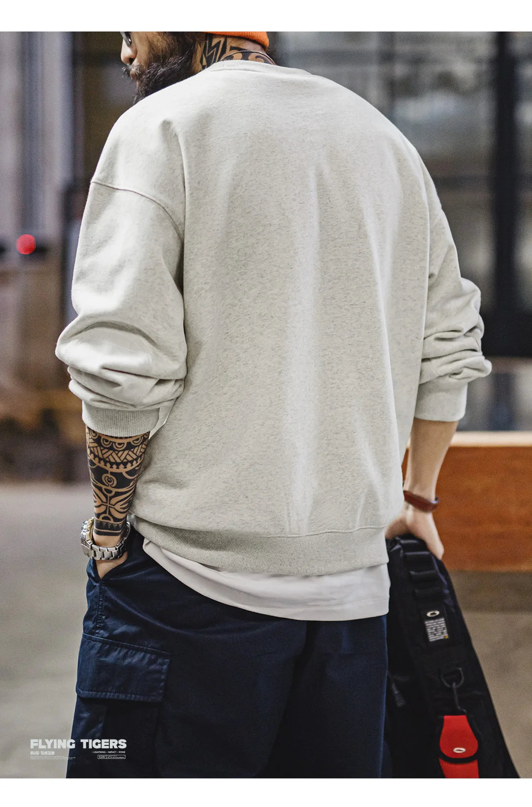 Maden Men's Vintage Print Sweatshirt Light Grey Loose Fit Knit Pullover Long Sleeve Round Neck Casual Top for Spring and Autumn