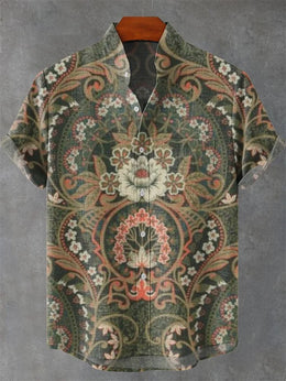 Retro collar men's short sleeved shirt with forest green series print 2025 new casual and comfortable top