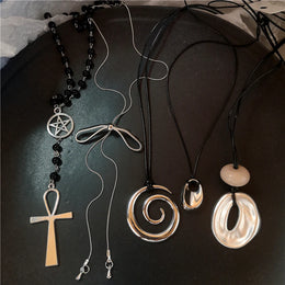 Geometric Irregular Metal Vortex Cross Pendant Long Rope Chain Beaded Necklace For Men Women Sweater Chain Jewelry Accessories