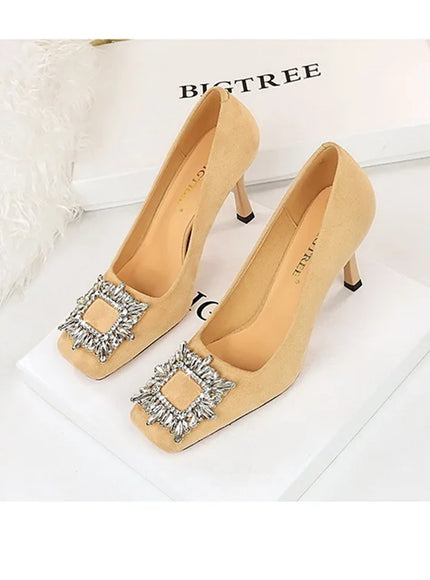 Fashion Women High Heels Metal Rhinestone Buckle Square