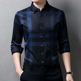 New Men's Casual Printed Long Sleeved Lapel Shirt for Spring and Autumn Fashion Comfortable Wrinkle Free Top Without Ironing