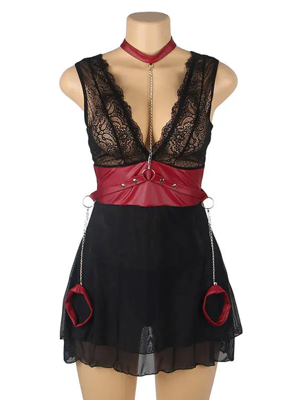 KissICON Woman Lady V-neck Bondage Nightdress Sheer Nightie LingerieLace Nightwear Belt Skirt Sexy Black Mini Pajamas Set From M-5XL