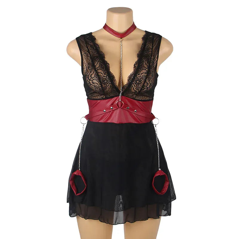 KissICON Woman Lady V-neck Bondage Nightdress Sheer Nightie LingerieLace Nightwear Belt Skirt Sexy Black Mini Pajamas Set From M-5XL