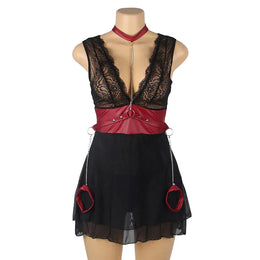 KissICON Woman Lady V-neck Bondage Nightdress Sheer Nightie LingerieLace Nightwear Belt Skirt Sexy Black Mini Pajamas Set From M-5XL