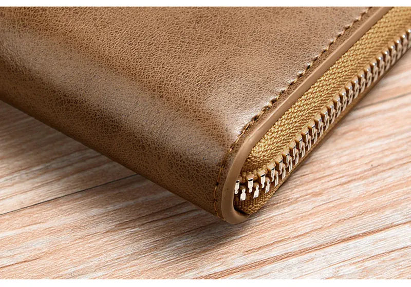 Mens RFID Protected Leather Wallet - Luxury Zippered Card Holder Purse for Business Cards with Elegant Carteira Masculina Style