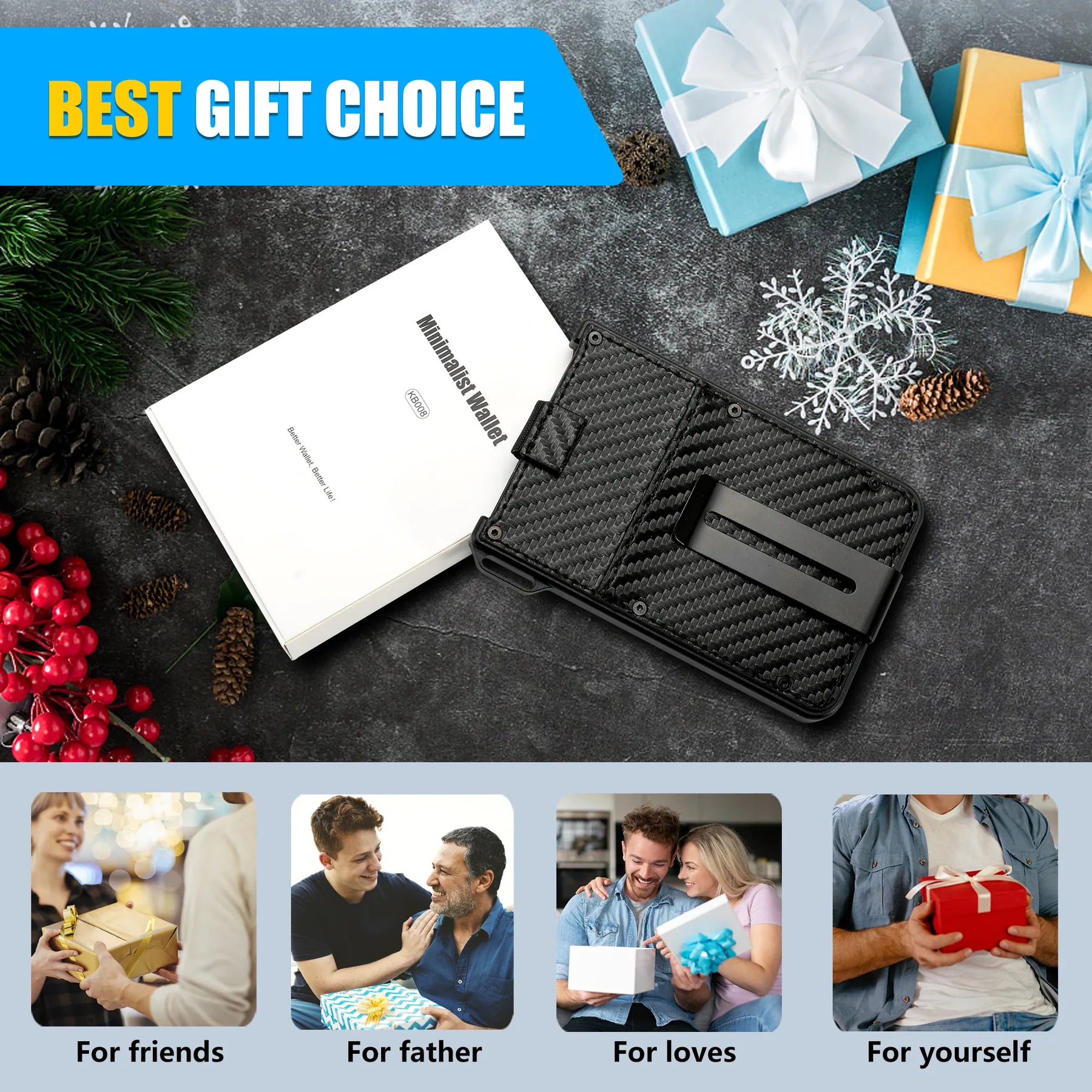 Wallet For Men - Aluminum Slim Carbon Fiber Leather Wallet，Holds up 10 Cards Card Holder with Clear ID Card Holder, Cash Clip