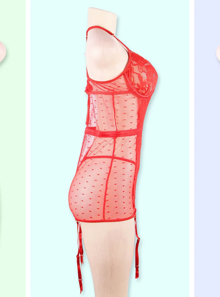 Plus Size Woman Night Dress Garter Lingerie Black Leotard Teddy Sexy Rompers Lace See Through Pajamas With Stocking Belts