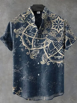 Summer Men's Printed Short Sleeve Shirt Vintage Linen Shirt Men's Festival Casual Short Sleeve Top Street Trend Fast Delivery