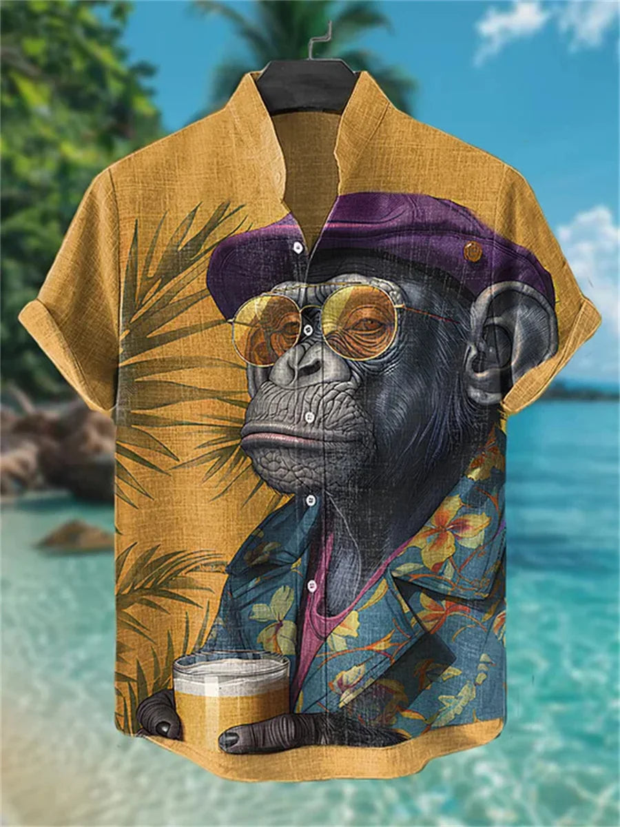 Men's short-sleeved shirt, samurai ink painting print, loose and breathable casual top, trendy retro design Hawaiian shirt.