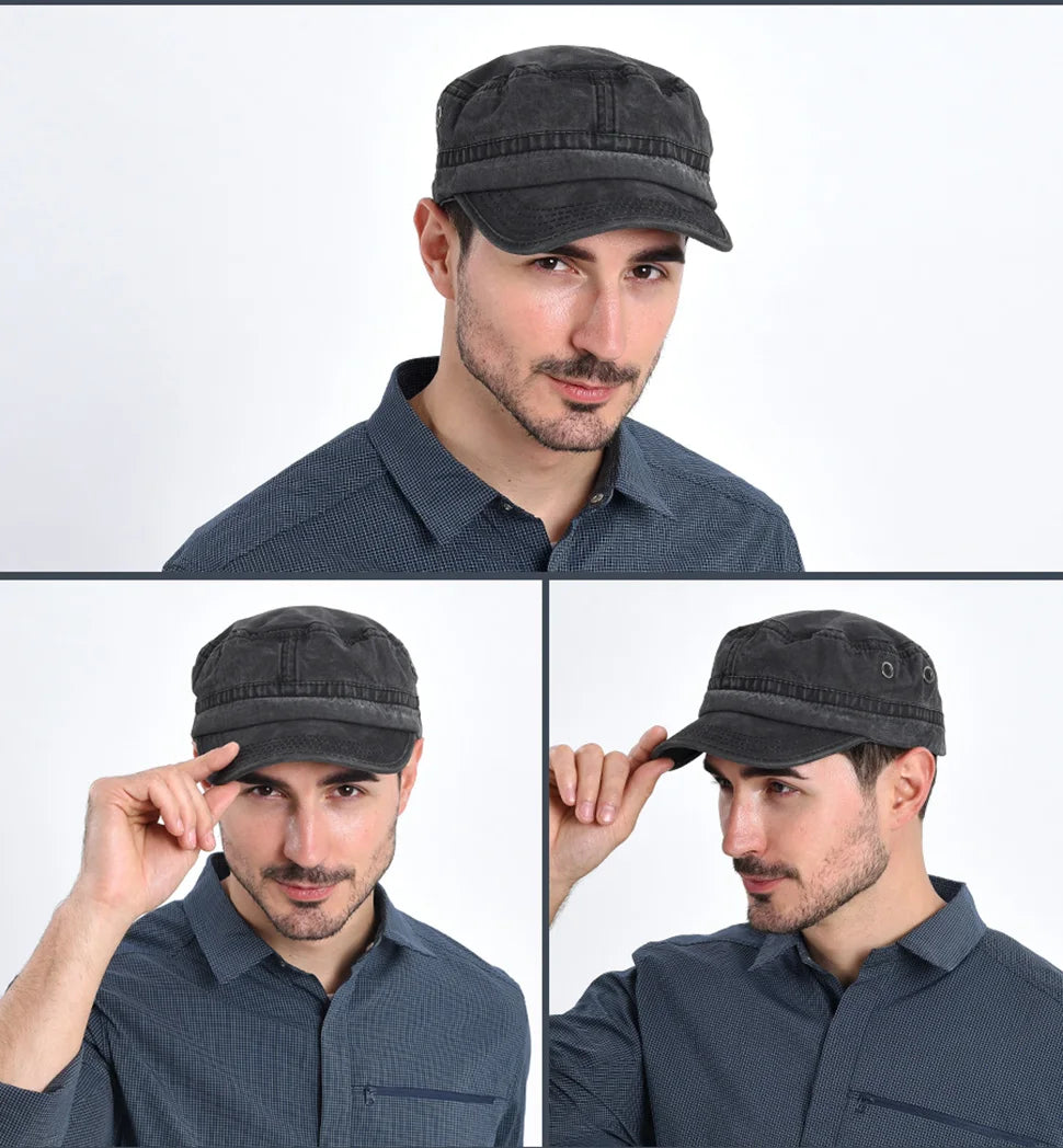 VOBOOM Washed Cotton Military Cadet Army Caps for Men Unique Design Adjustable Vintage Flat Top Hats with Air Hole