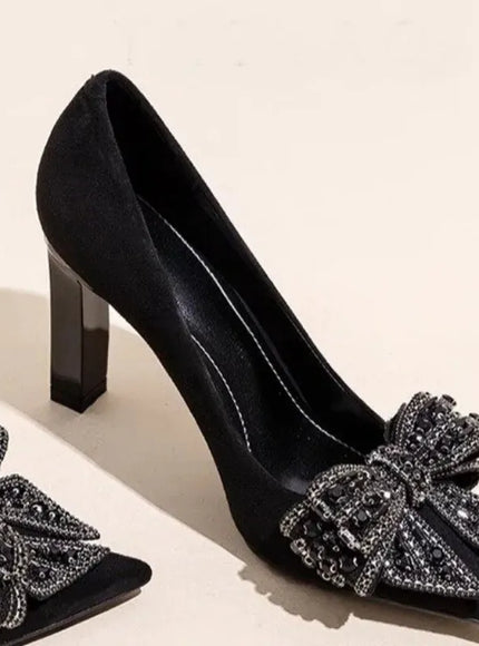 KissICON Black Bow Rhinestone Super High Heels Women Spring