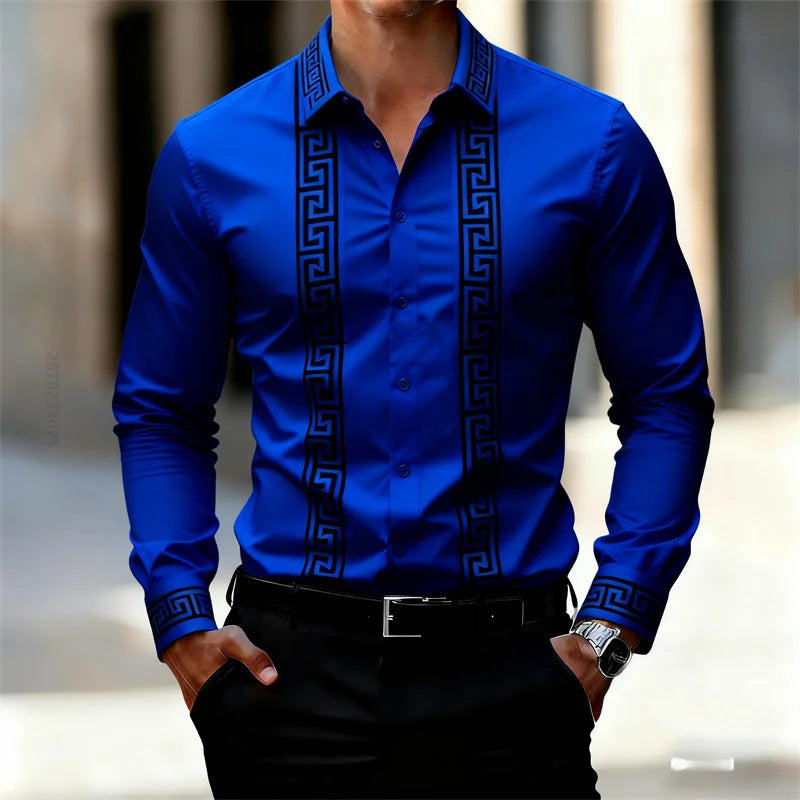 Men's Retro Geometric Print Shirt, Stylish Long-Sleeve Black Shirt, Business Casual Men's Top, Multiple Colors Available, XS-6XL