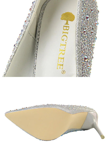 Shallow Mouth Pointed Color Rhinestone Pumps Fashion Wedding