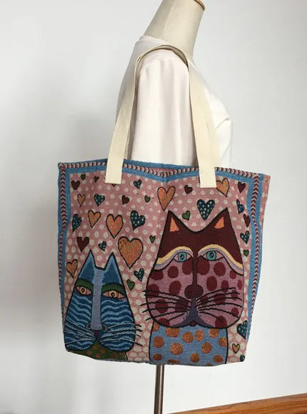 Cute Cat Pattern Wide Horizontal Canvas Tote