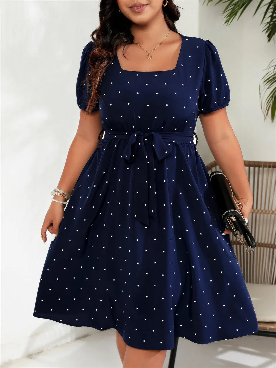 KissICON Navy Blue / 4XL GIBSIE Plus Elegant Retro Polka Dot Puff Sleeve Belted Swing Dress