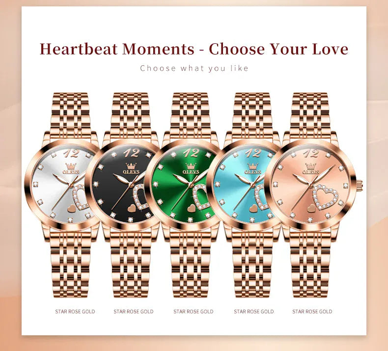 KissICON OLEVS Japan Quartz Women Watch Stainless steel Bracelet "Love" Dial Fashion Elegant Waterproof Luminous Quartz Watch for Ladies