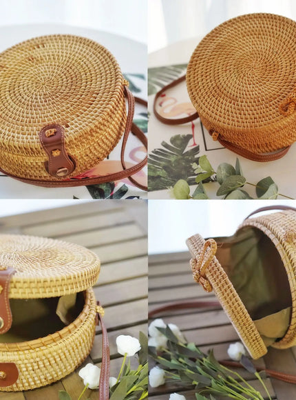 Hand-woven Straw Rattan Small Round Shoulder Crossbody