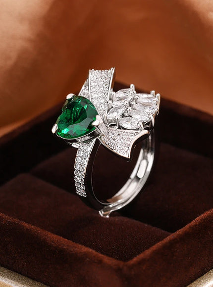 Exquisite Silver Plated Ladies Green Heart Zircon Bow Ring