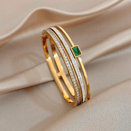 Luxury Stainless Steel Cuff Bracelet Bangle Set for Women Men Gold Plated Bracelets Inlaid White Rhinestone Wide Bangles Gift