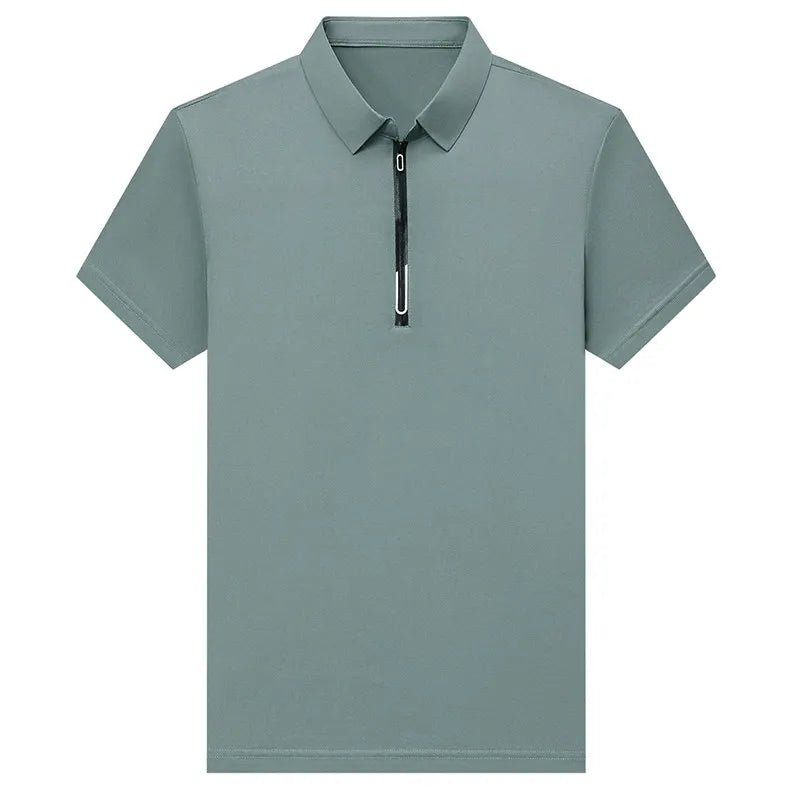 New Men's Business Casual Zipper Short Sleeve Solid Color Polo Shirt Fashionable Warm Comfortable Four Seasons Versatile Top