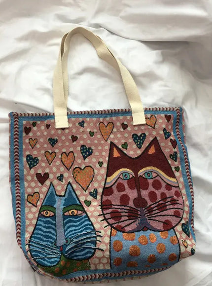 Cute Cat Pattern Wide Horizontal Canvas Tote