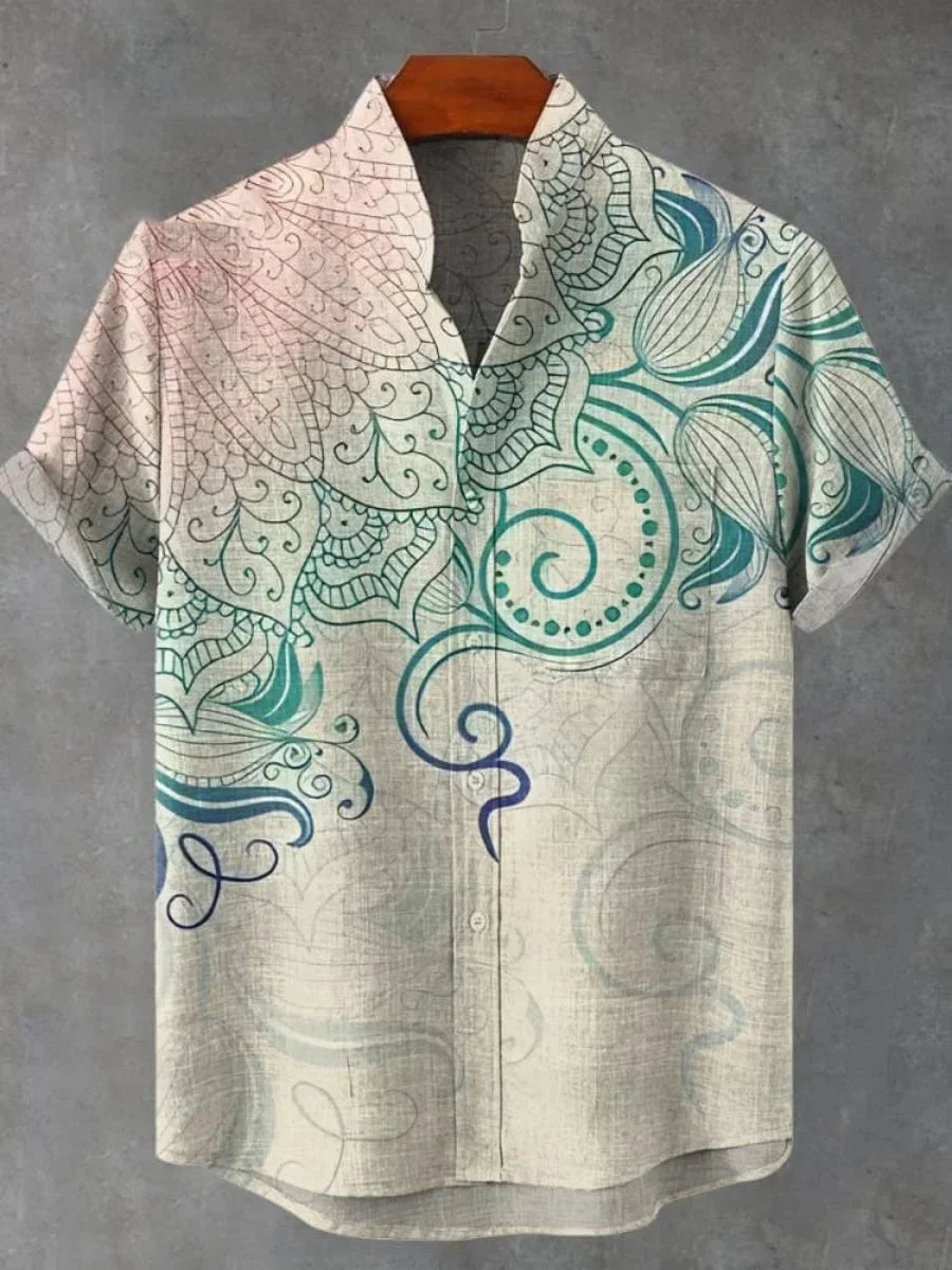 Summer Men's Printed Short Sleeve Shirt Vintage Linen Shirt Men's Festival Casual Short Sleeve Top Street Trend Fast Delivery