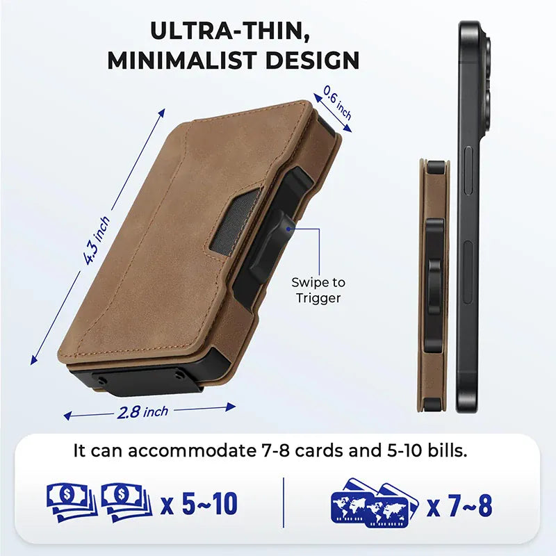 Minimalist Mens Wallet with Money Clip, Aluminum Pop Up Card Case and Leather Slots Credit Card Holder RFID Blocking Wallet