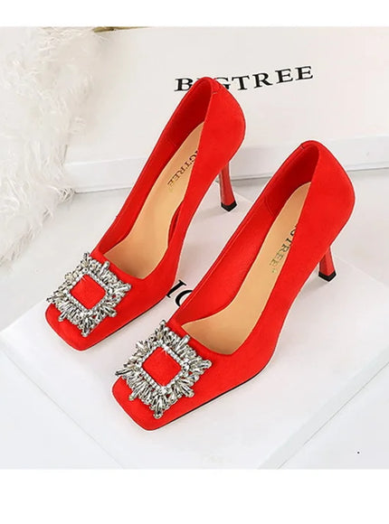 Fashion Women High Heels Metal Rhinestone Buckle Square